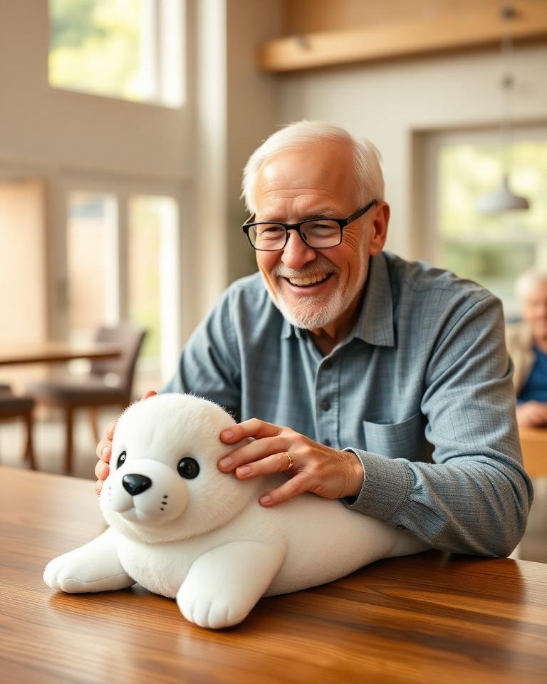 A senior man smiling while interacting with a therapeutic robotic companion