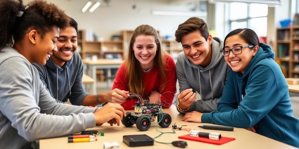 Students working together to build a robot in a workshop